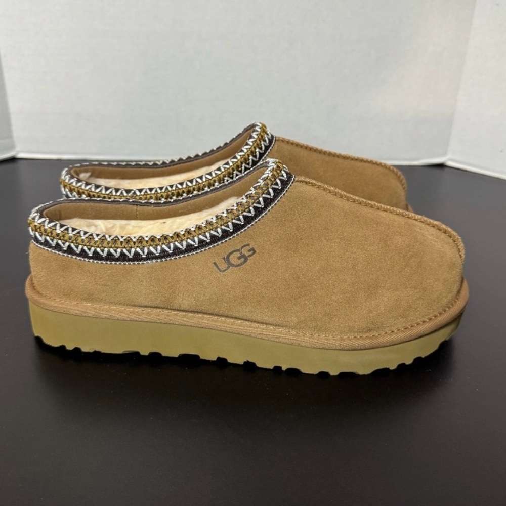 UGG Tan Suede Clogs with Patterned Trim